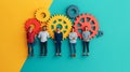 Diverse Team with Interlocking Colorful Gears on Teal and Yellow Background
