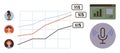 Diverse team monitoring performance trends, data visualization, and graph analysis with voice communication Royalty Free Stock Photo