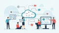 Diverse team collaborating on cloud computing and data analysis with digital devices collaboration Royalty Free Stock Photo