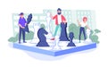 Diverse team playing giant chess together vector