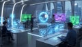 Professional team collaborates on global data analytics and digital transformation in futuristic control room Royalty Free Stock Photo