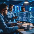 Diverse team of software developers working on computers with coding and data screens in modern office Royalty Free Stock Photo