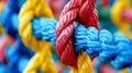 Diverse team strengthens unity in colorful network rope, symbolizing partnership and empowerment.