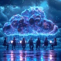 Diverse Team Collaborating on Cloud Computing with Glowing Binary Cloud