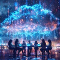 Diverse Team Collaborating on Cloud Computing with Glowing Binary Cloud