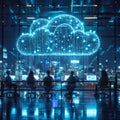 Diverse Team Collaborating on Cloud Computing with Glowing Binary Cloud