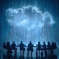 Diverse Team Collaborating on Cloud Computing with Glowing Binary Cloud
