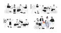 Diverse team works together black and white cartoon flat illustration set