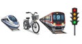 Diverse transportation options: high speed train, bicycle, subway, and traffic light Royalty Free Stock Photo