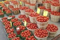 Red tomatos on sale by the baskets at the Jean-Talon Market in Montreal, Canada Royalty Free Stock Photo