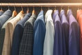 Diverse wardrobe Hanging colorful mens suits in a closet Royalty Free Stock Photo