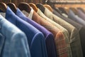 Diverse wardrobe Hanging colorful mens suits in a closet Royalty Free Stock Photo