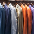 Diverse wardrobe Hanging colorful mens suits in a closet Royalty Free Stock Photo