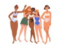 Diverse women in bikini. Different body-positive girls friends in swimsuits portrait. Diversity of beauty concept