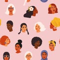 Diverse women face seamless pattern with different culture girl portrait in a hand-drawn style.