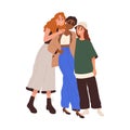 Diverse women friends portrait. Happy different girls hugging, standing together. Modern trendy girlfriends. Diversity