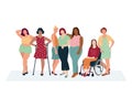 Diverse women group, woman in a wheelchair,a woman on crutches standing in a row.Vector illustration in a flat style Royalty Free Stock Photo