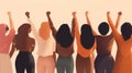 diverse women standing together, holding hands, and raising them up in solidarity