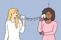 Diverse women talk on tin can telephone