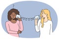 Diverse women talk on tin can telephone