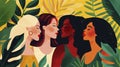 Diverse women, various skin tones, portrayed in a modern, vivid illustration. Suited for postcards, posters, magazine