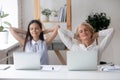Female employees have break relaxing at workplace dreaming Royalty Free Stock Photo