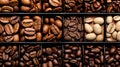 diverse world of coffee roasts with an assortment of beans laid out on a rustic wooden table Royalty Free Stock Photo