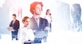 Diverse young business people working together. Skyscrapers and stock market candlesticks dynamics, bar chart, double exposure. Royalty Free Stock Photo