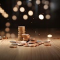 Diversifying Wealth: Coins Scattered on Wooden Surface Royalty Free Stock Photo