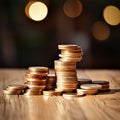 Diversifying Wealth: Coins Scattered on Wooden Surface