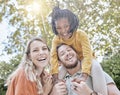 Diversity, adoption and girl with parents in a park in summer for support, love and care on holiday. Happy, smile and Royalty Free Stock Photo