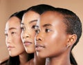 Diversity, beauty and women, face zoom with profile, skincare makeup and natural cosmetics isolated on studio background