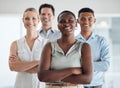 Diversity, black woman and leader success of business workers together proud of company growth. Portrait of a happy Royalty Free Stock Photo