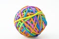 Diversity and complexity conceptual idea with multicoloured rubber band ball made of mixed coloured strip bands isolated on white Royalty Free Stock Photo