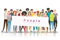 Diversity concept background , group of happy multi ethnic people standing together and holding empty banner
