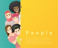 Diversity concept background , group of happy multi ethnic women standing behind empty colorful board