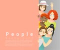 Diversity concept background , group of happy multi ethnic women standing behind empty colorful board