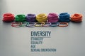 Diversity concept. mix colorful rubber band on black background with text Diversity, Ethnicity, Equality, Age, Sexual Orientation Royalty Free Stock Photo