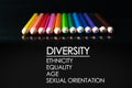 Diversity concept. row of mix color pencil on black background with text Diversity, Ethnicity, Equality, Age, Sexual Orientation Royalty Free Stock Photo