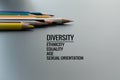 Diversity concept. row of mix color pencil on black background with text Diversity, Ethnicity, Equality, Age, Sexual Orientation Royalty Free Stock Photo