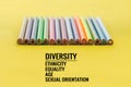 Diversity concept. row of mix color pencil on yellow background with text Diversity, Ethnicity, Equality, Age, Sexual Orientation Royalty Free Stock Photo