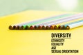 Diversity concept. row of mix color pencil on yellow background with text Diversity, Ethnicity, Equality, Age, Sexual Orientation Royalty Free Stock Photo