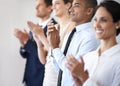 Diversity, coworker and clapping in office, professional celebration for presentation. Success, standing and applause Royalty Free Stock Photo