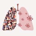 Diversity crowd of tiny people in medical masks and coronavirus germs inside big lungs