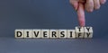 Diversity or diversify symbol. Businessman turns wooden cubes and changes the word `diversify` to `diversity`. Beautiful grey