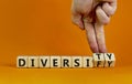 Diversity or diversify symbol. Businessman turns wooden cubes and changes the word `diversify` to `diversity`. Beautiful orang