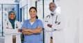 Diversity, doctors and student portrait in hospital with happy face working together as a team. Young, senior and expert Royalty Free Stock Photo