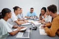 Diversity, education or university students in classroom learning, collaboration or working on maths or physics research Royalty Free Stock Photo