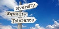 Diversity, equality, tolerance - wooden signpost with three arrows