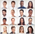 Diversity, face mosaic or portrait of happy people in a community group or country with diverse races. Headshot of